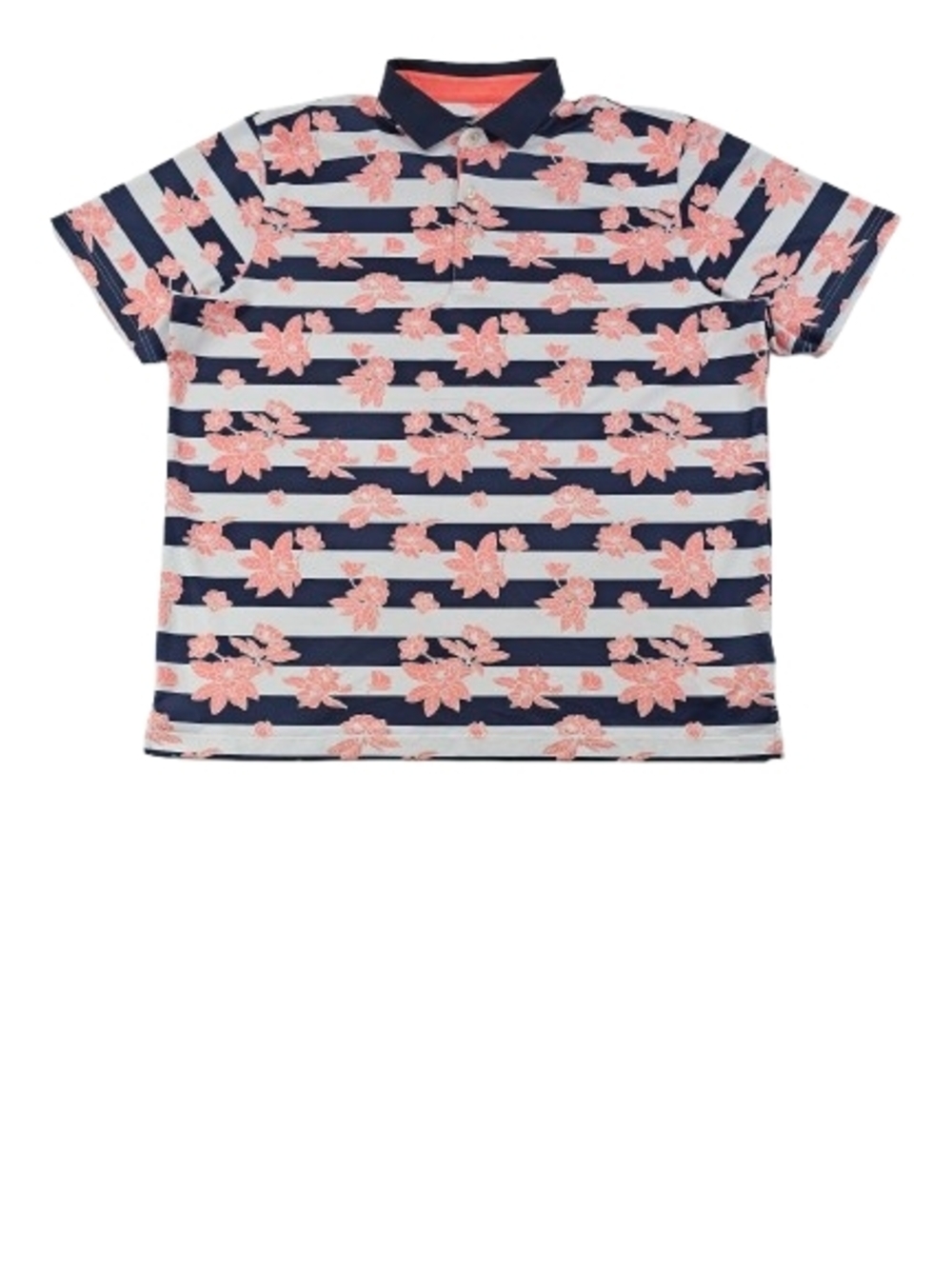 PUMA Pique Garden Peach Flowers Golf Polo Mens XL Navy Blue White Stripe Stretch